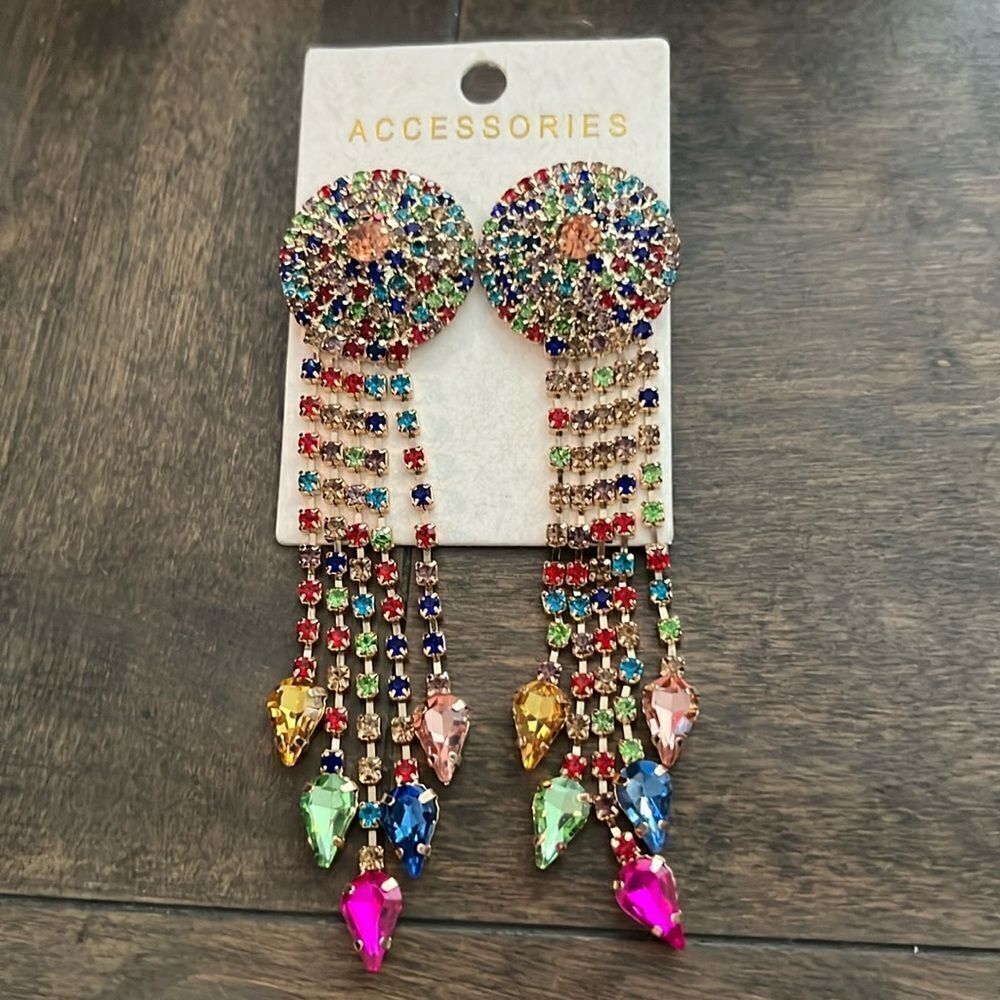 New Sphere Multi Rainbow Chandelier Dangle Arrow Fringe Sterling Silver Earrings - Picture 7 of 10